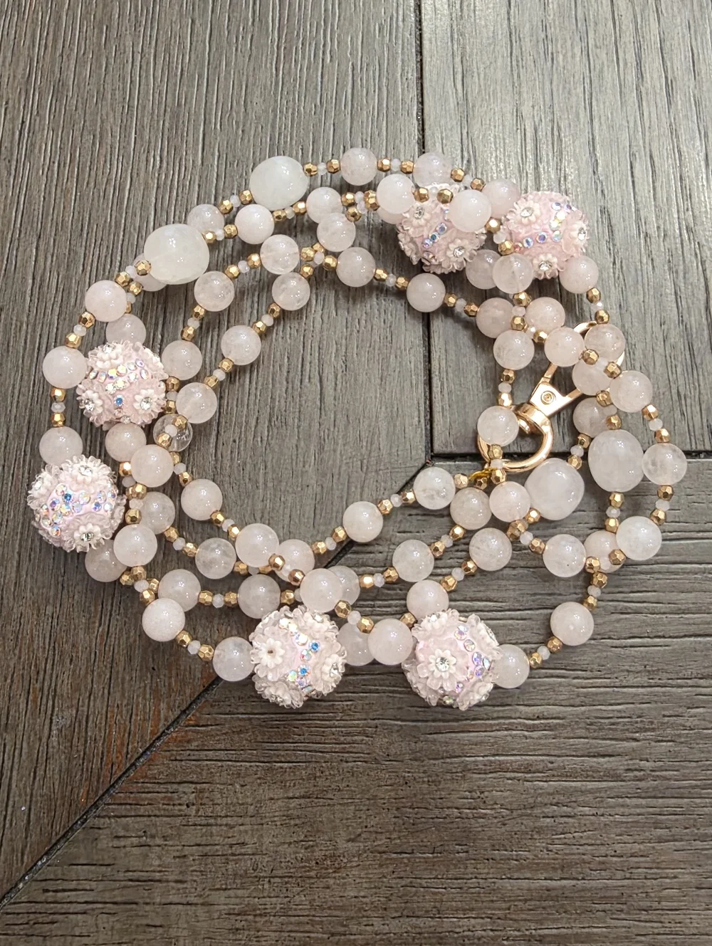 Rose Quartz Lanyard with Rhinestone-Studded Floral Beads - Picture 2 of 5